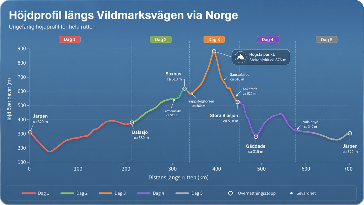 Elevation profile along the Wilderness Road via Norway: the daily stages with Stekenjokk as the highest point, about 876 meters above sea level.
